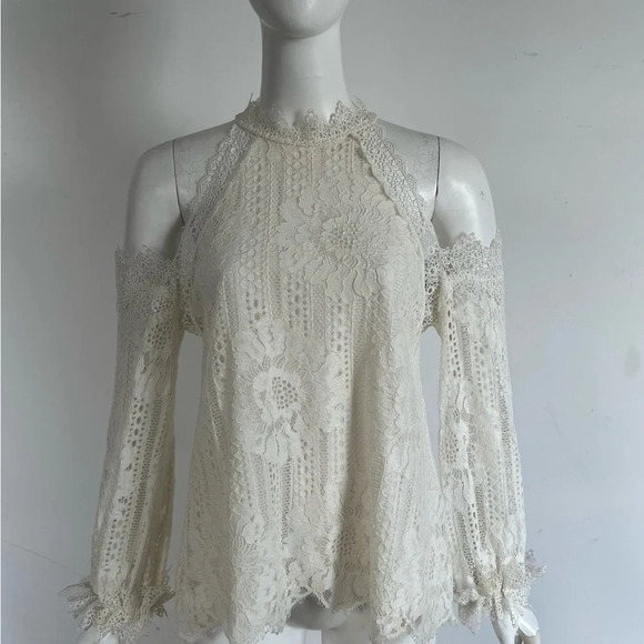 Sugar Lips Sugarlips Womens LACE HIGH Neck Open Shoulders TOP Blouse White Sz S - Picture 3 of 10